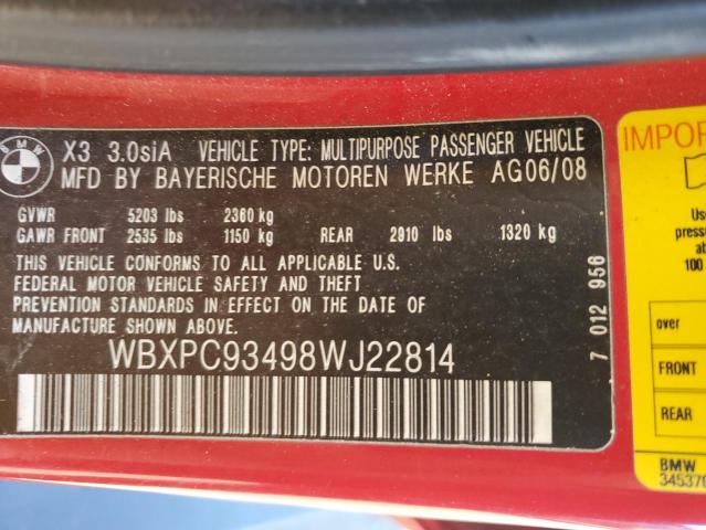 WBXPC93498WJ22814 2008 BMW X3 3.0Si