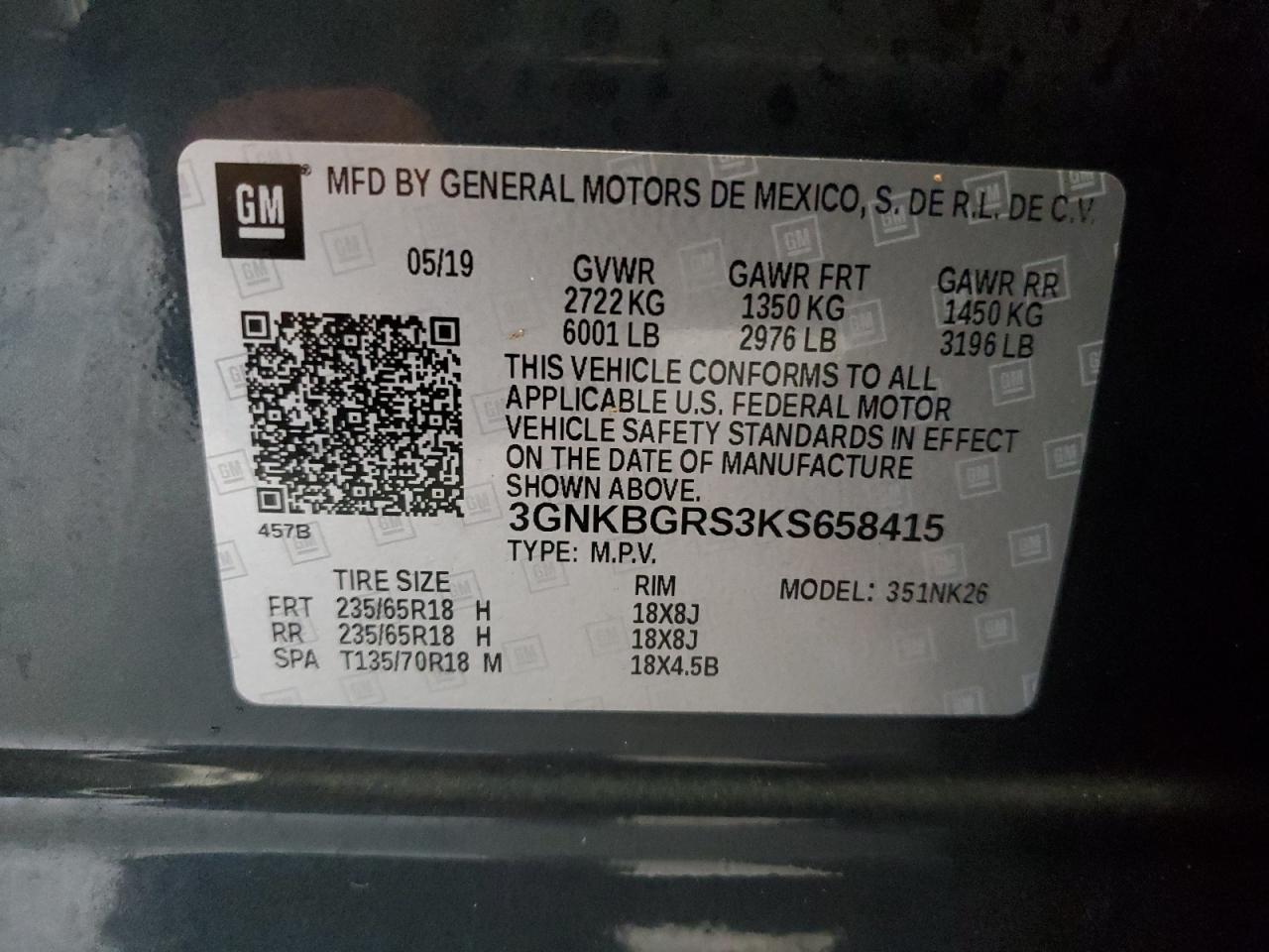 VIN: 3GNKBGRS3KS658415 2019 CHEVROLET BLAZER