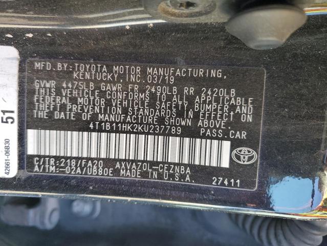 4T1B11HK2KU237789 | 2019 Toyota camry l