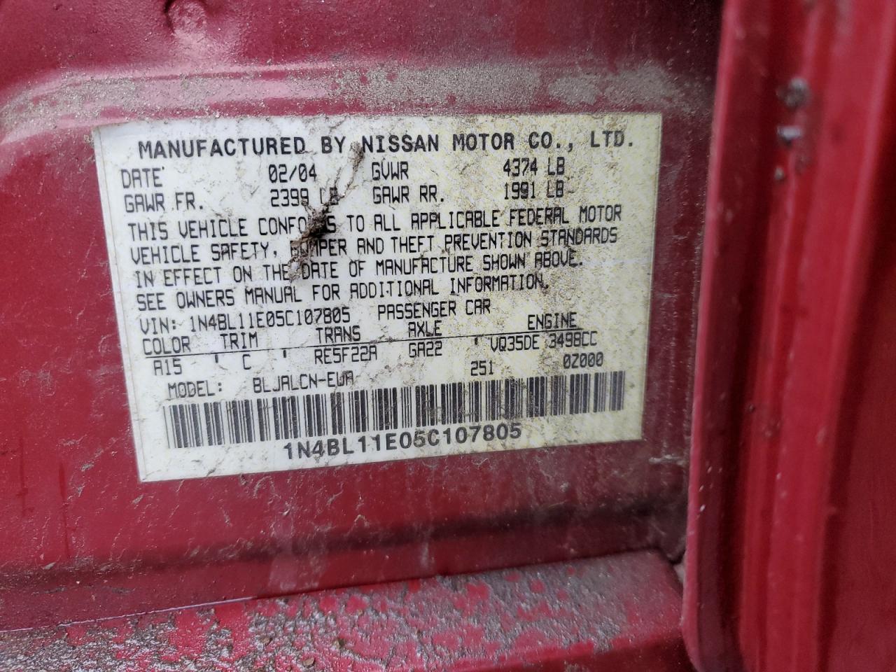 1N4BL11E05C107805 2005 Nissan Altima Se