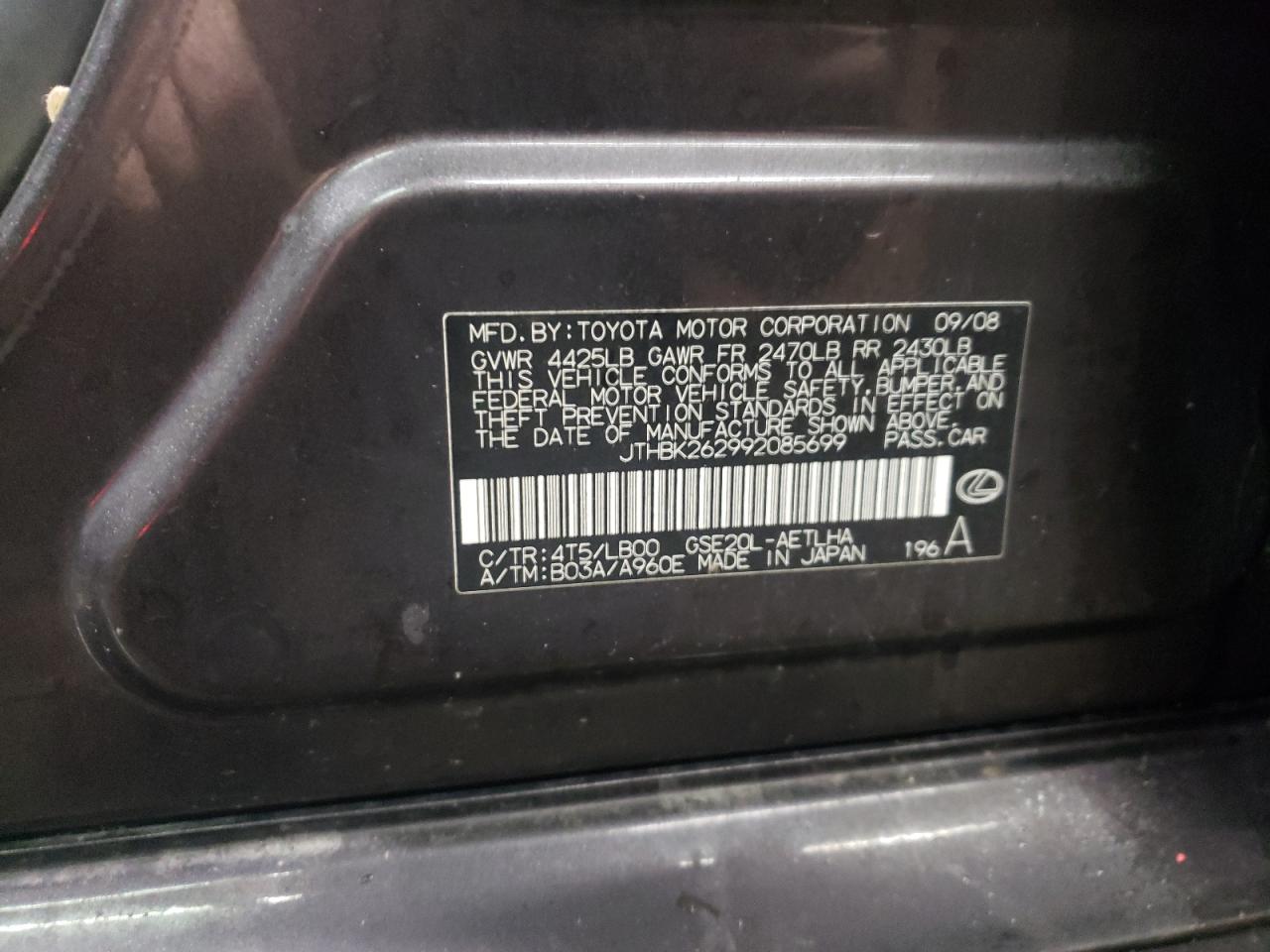 JTHBK262992085699 2009 Lexus Is 250