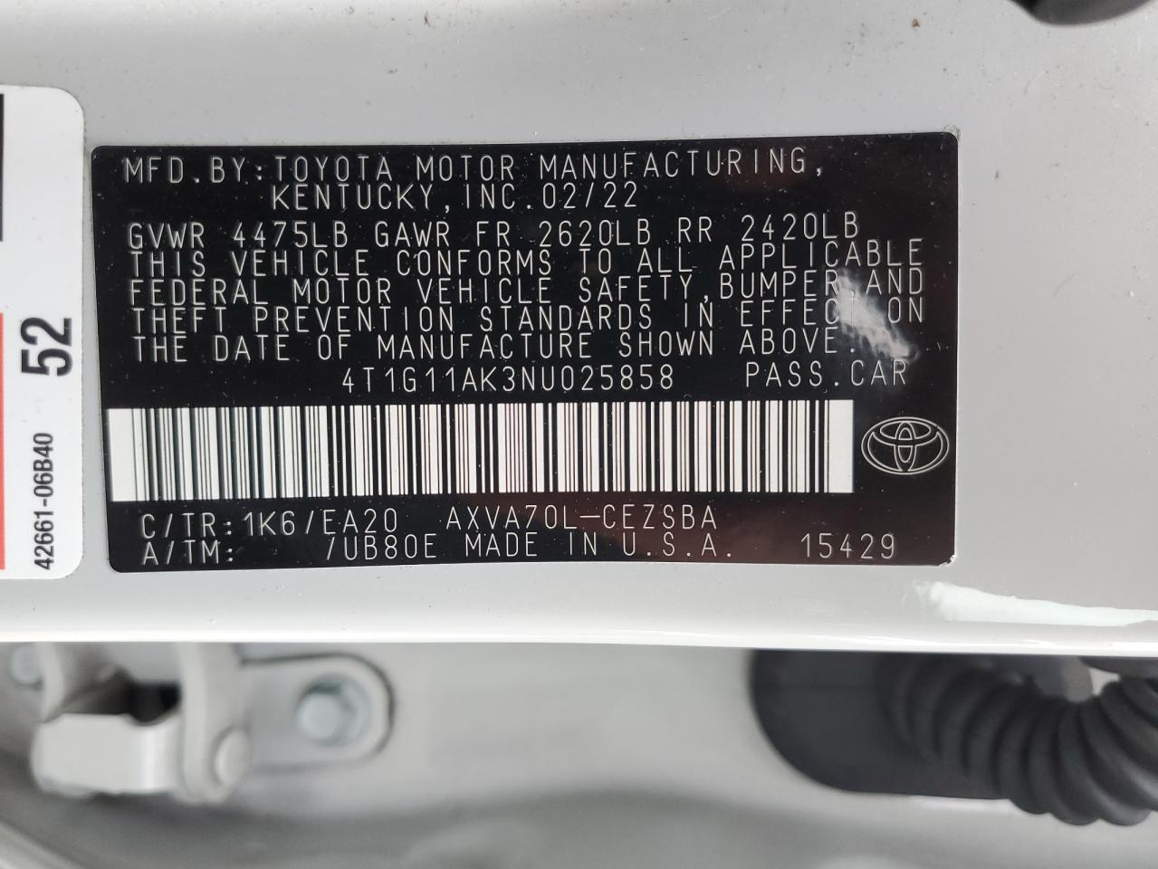 4T1G11AK3NU025858 TOYOTA CAMRY 2022
