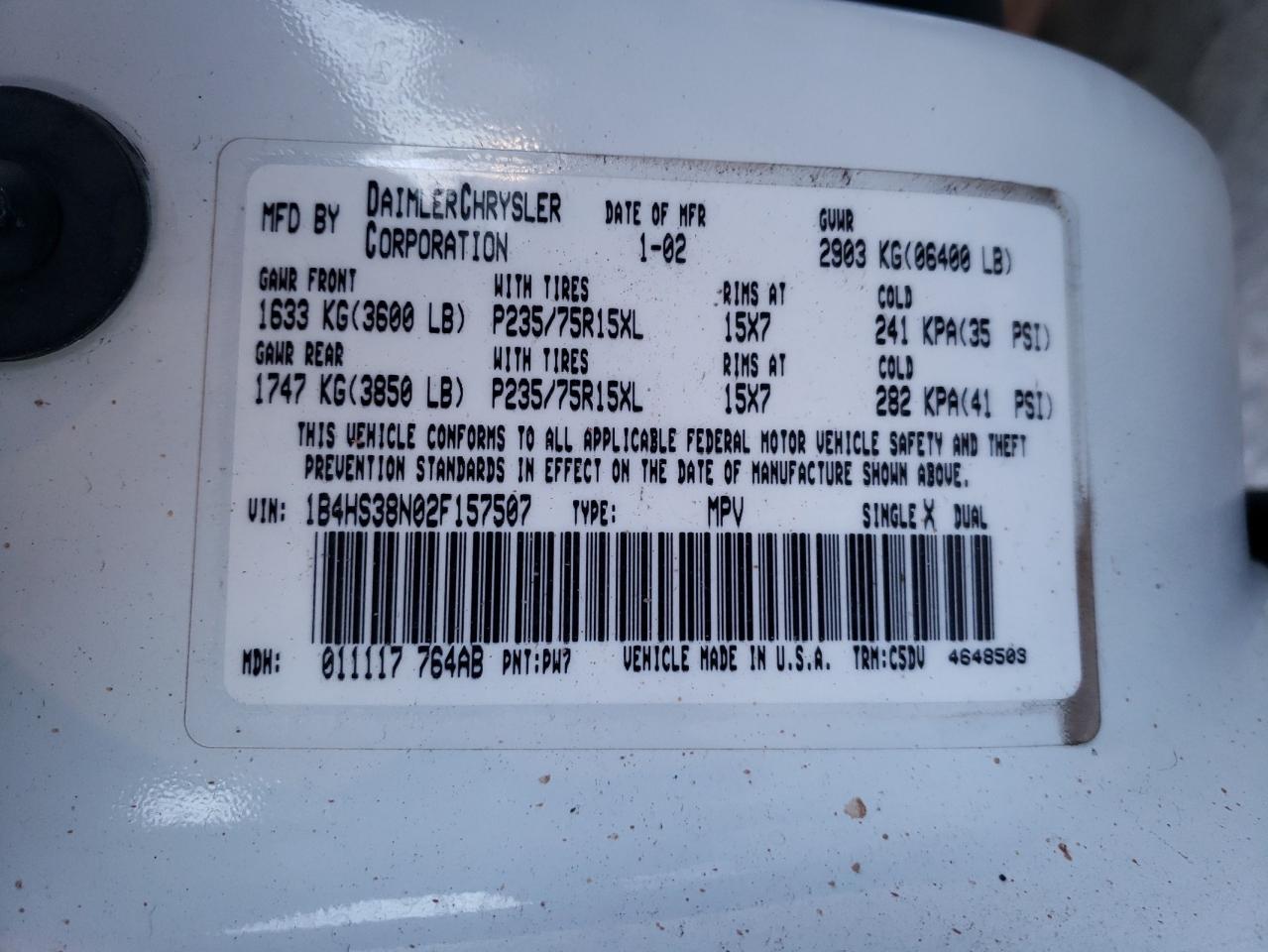 1B4HS38N02F157507 2002 Dodge Durango Sport