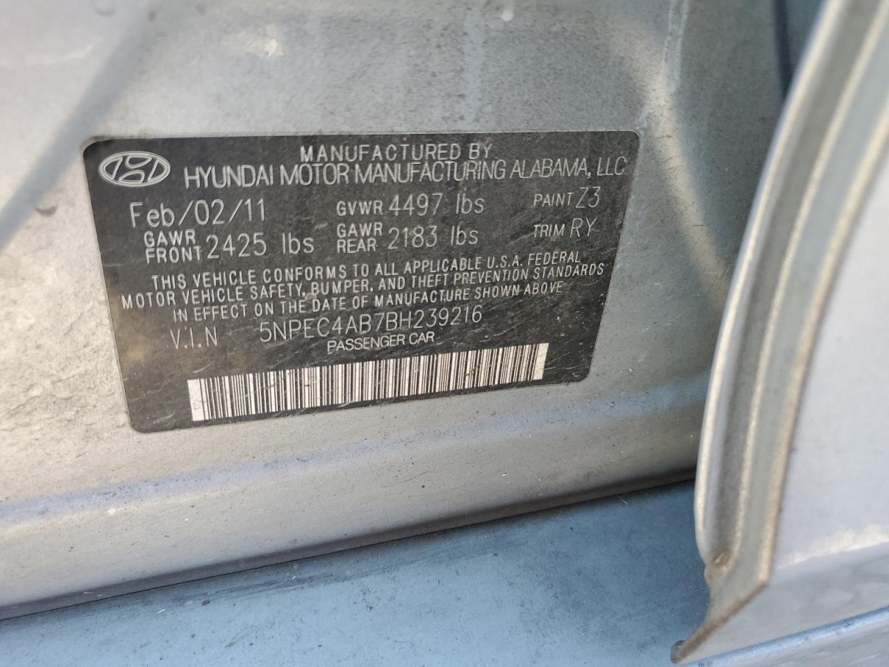 5NPEC4AB7BH239216 2011 Hyundai Sonata Se