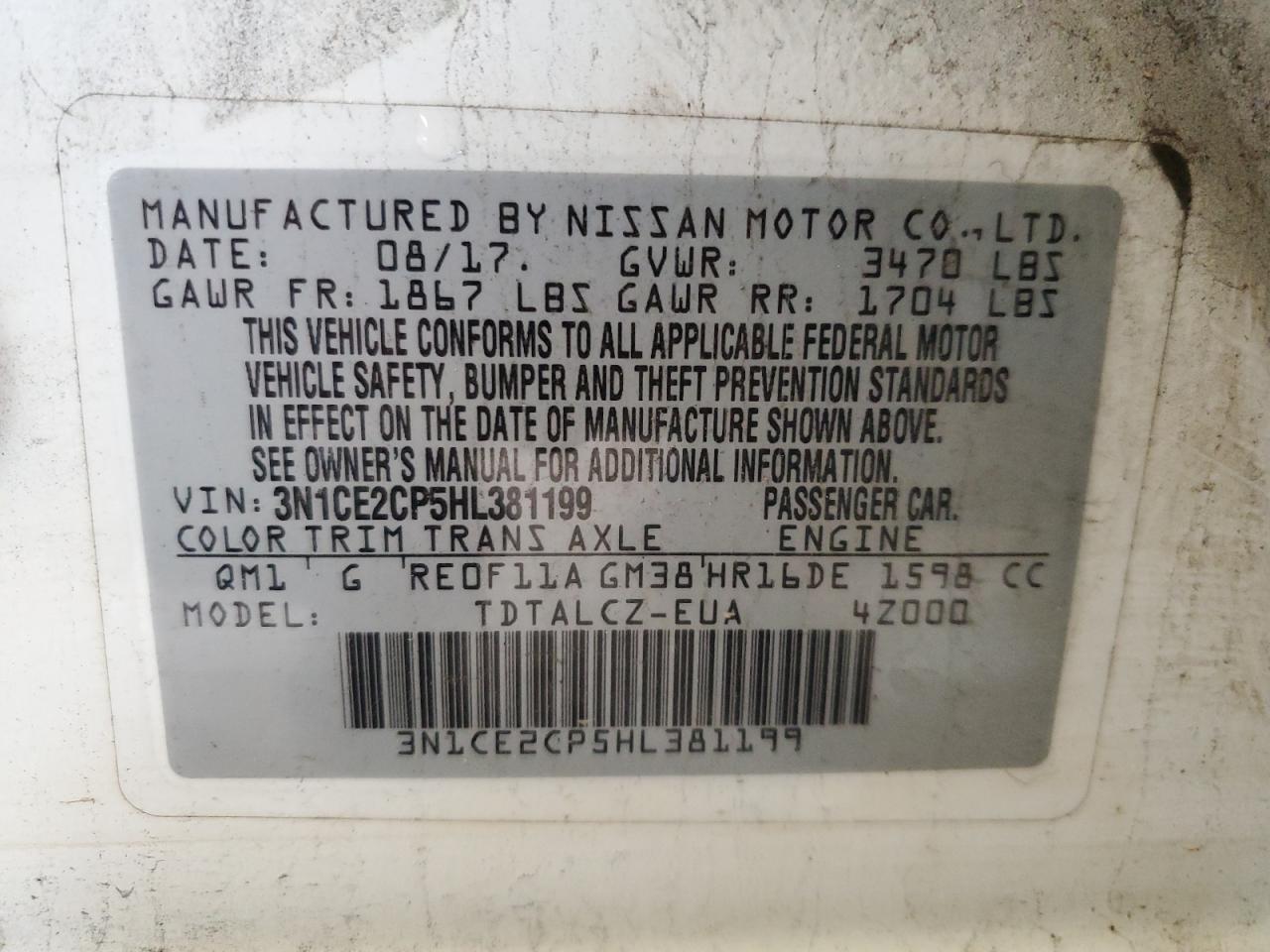 3N1CE2CP5HL381199 2017 Nissan Versa Note S