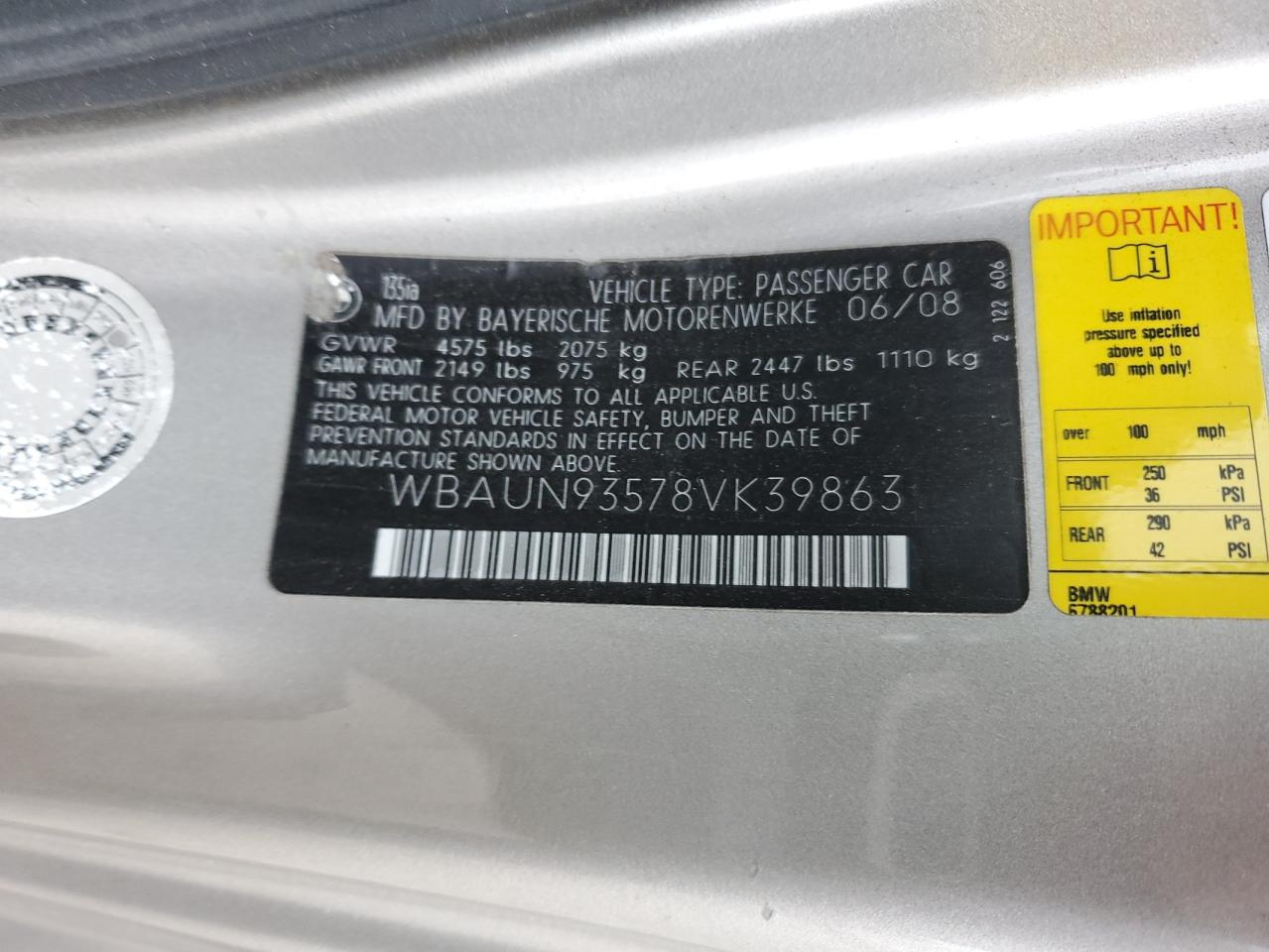 WBAUN93578VK39863 2008 BMW 135 I