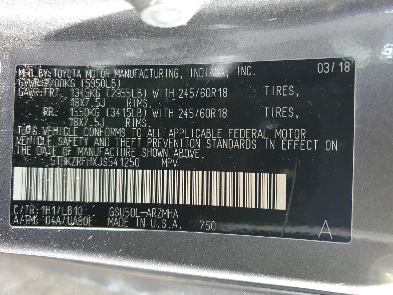 5TDKZRFHXJS541250 2018 Toyota Highlander Se