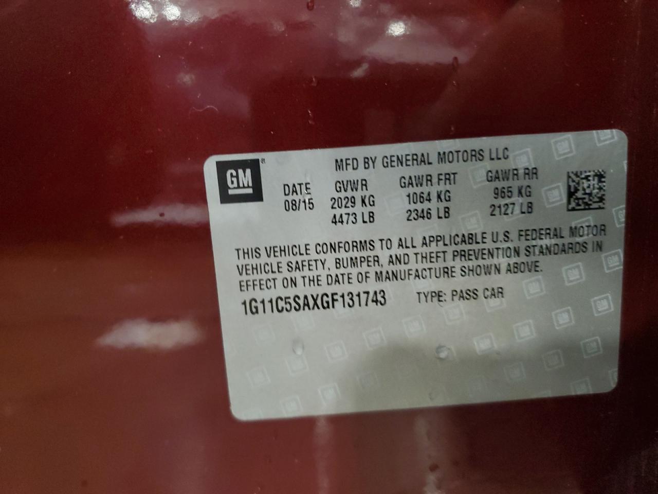 1G11C5SAXGF131743 CHEVROLET MALIBU 2016