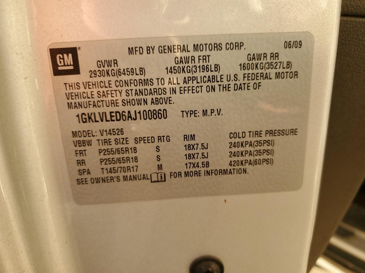 1GKLVLED6AJ100860 2010 GMC Acadia Sle