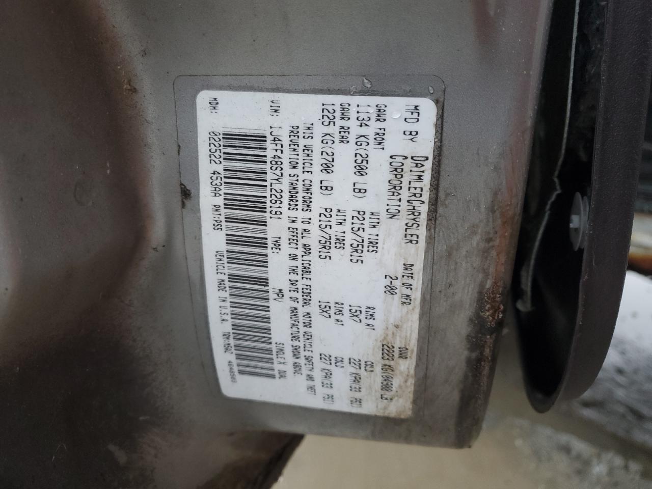 1j4ff48s7yl226191 1J4FF48S7YL226191 2000 Jeep Cherokee Sport