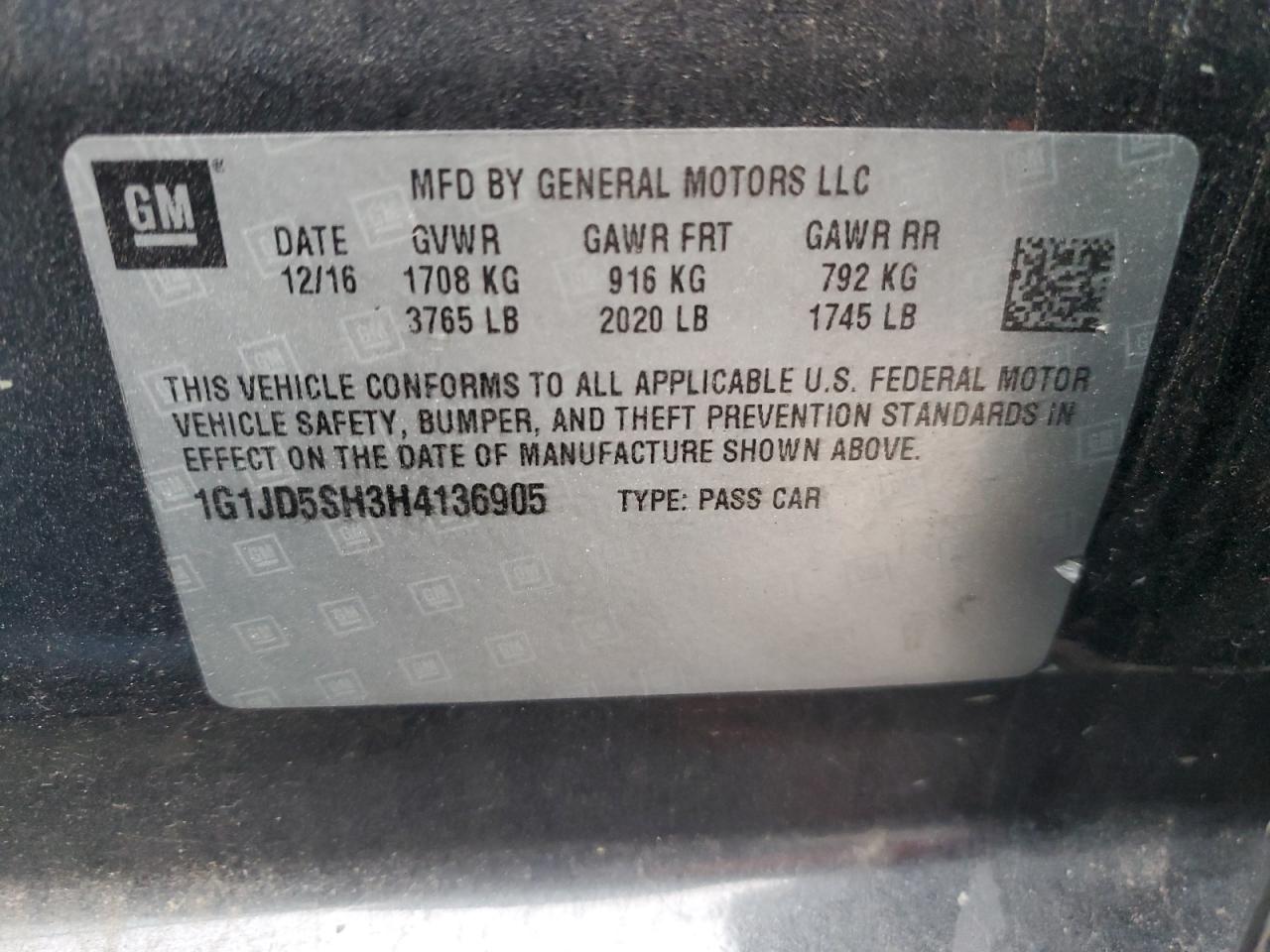 1G1JD5SH3H4136905 CHEVROLET SONIC 2017