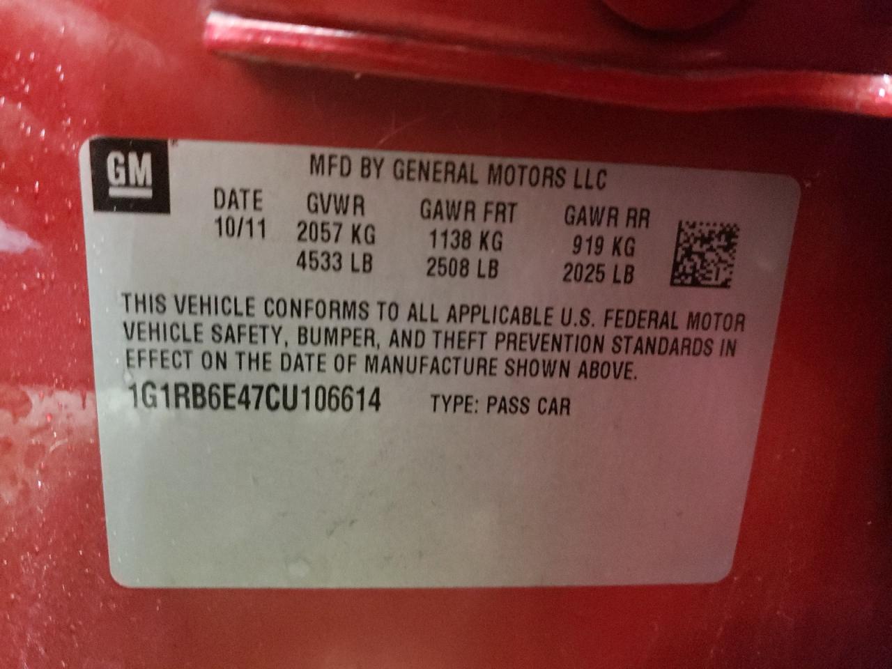 1G1RB6E47CU106614 2012 Chevrolet Volt