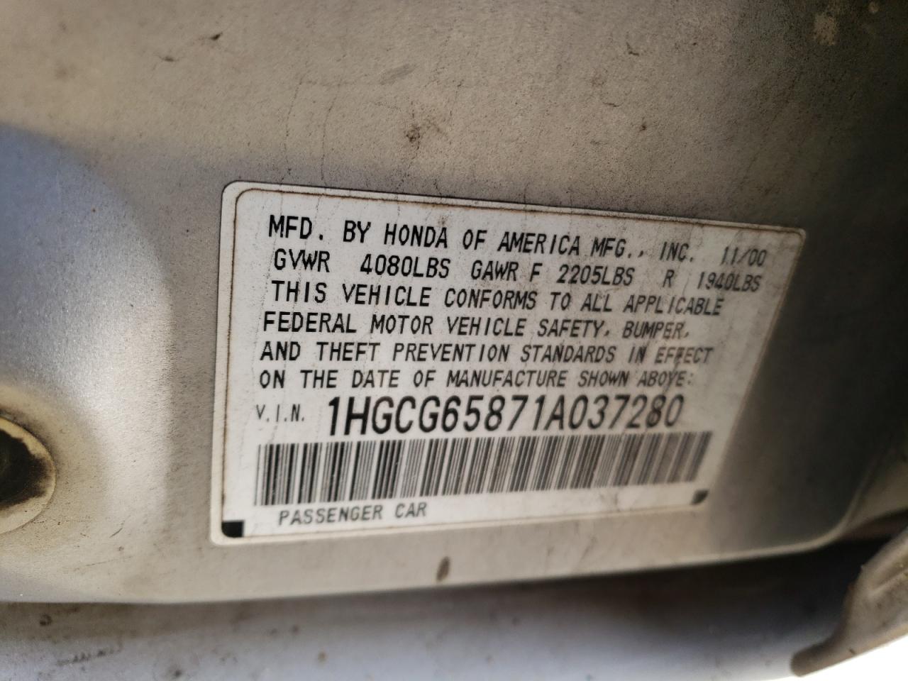 1HGCG65871A037280 2001 Honda Accord Ex