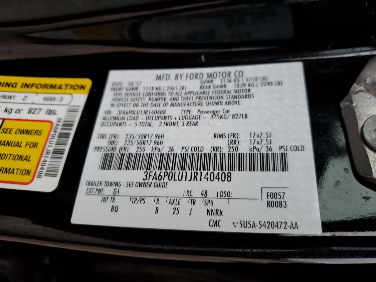 3FA6P0LU1JR140408 FORD FUSION 2018