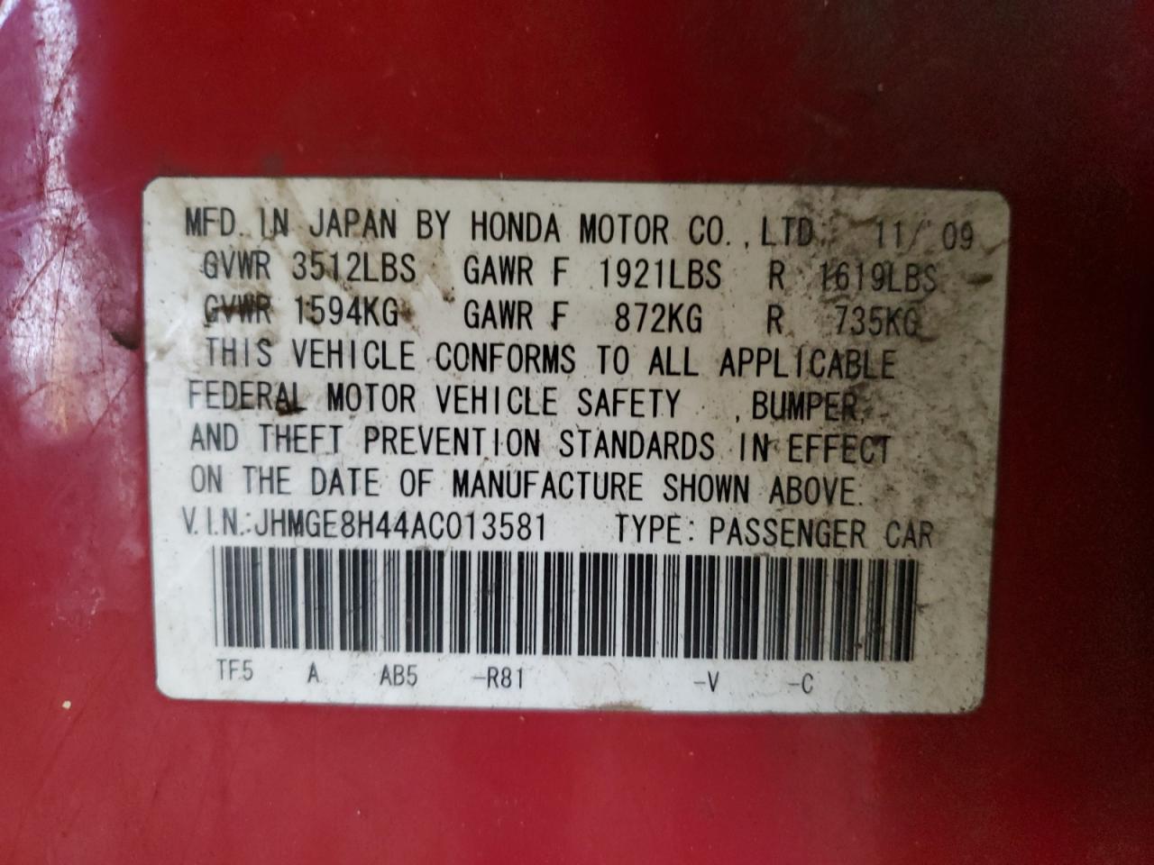 JHMGE8H44AC013581 2010 Honda Fit Sport