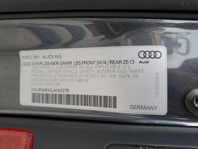 2020 Audi A4 Premium Plus VIN: WAUENAF43LA060275 Lot: 59998824