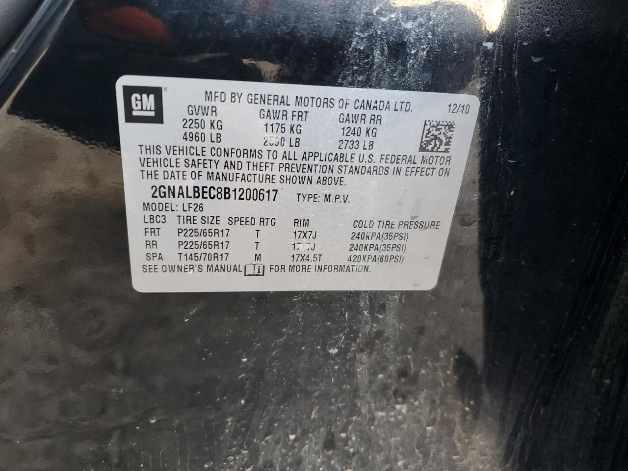 2GNALBEC8B1200617 2011 Chevrolet Equinox Ls