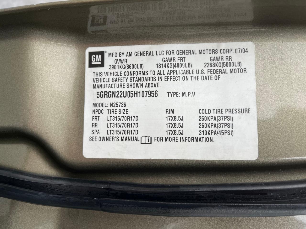 5GRGN22U05H107956 2005 Hummer H2 Sut