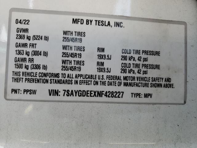 7SAYGDEEXNF428227 | 2022 TESLA MODEL Y