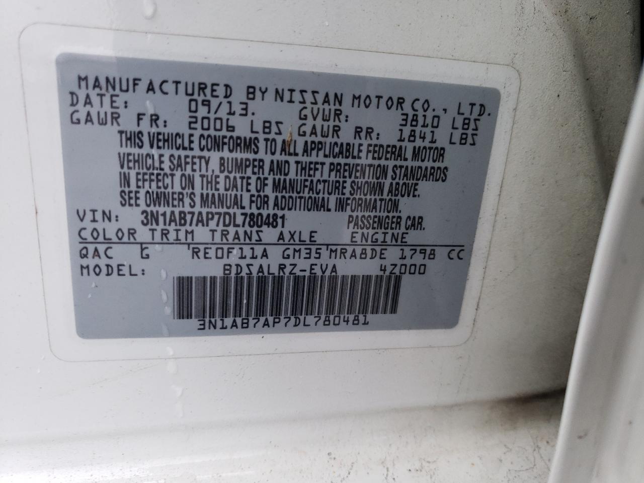 3N1AB7AP7DL780481 2013 Nissan Sentra S