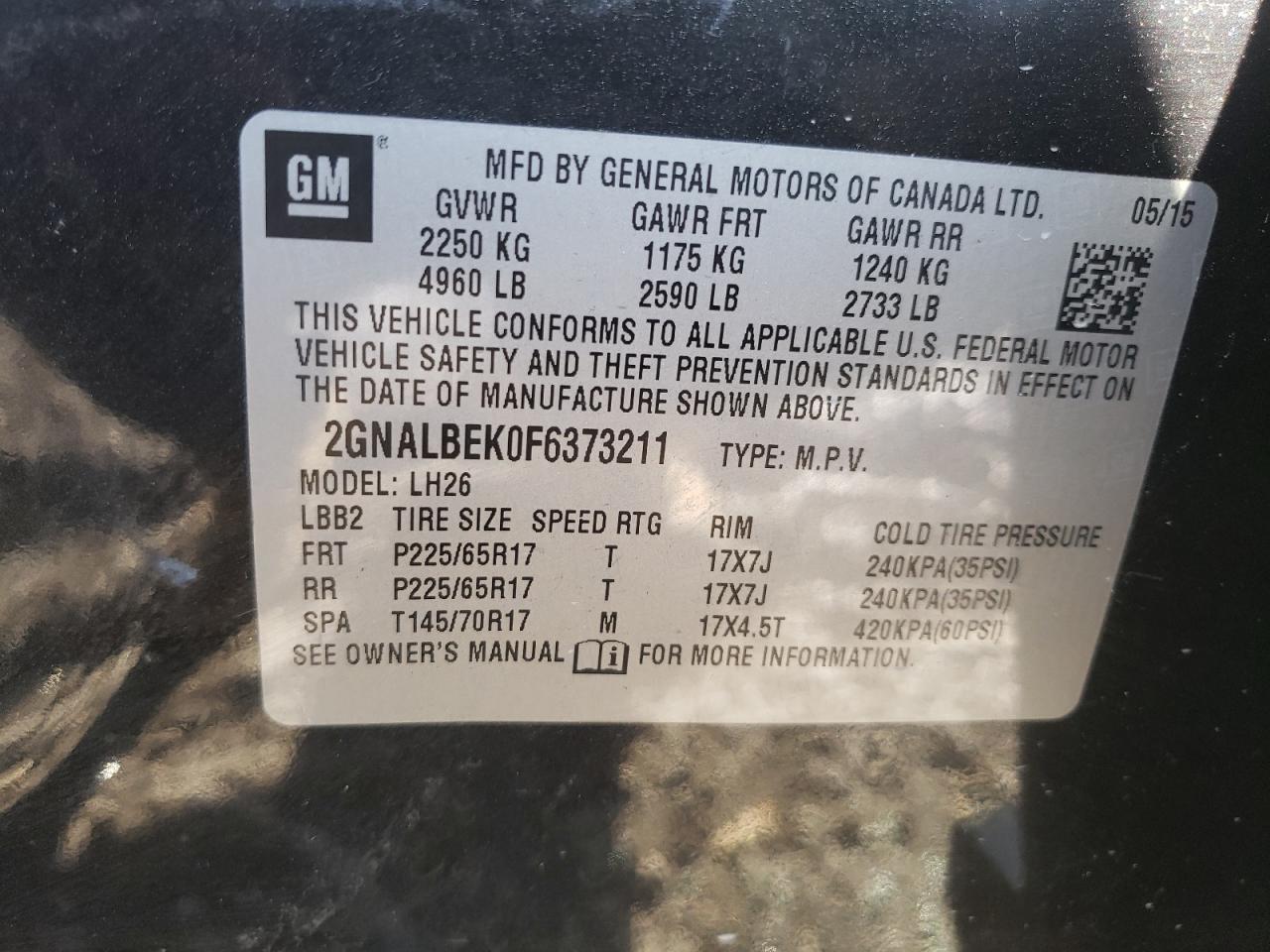 2GNALBEK0F6373211 2015 Chevrolet Equinox Lt