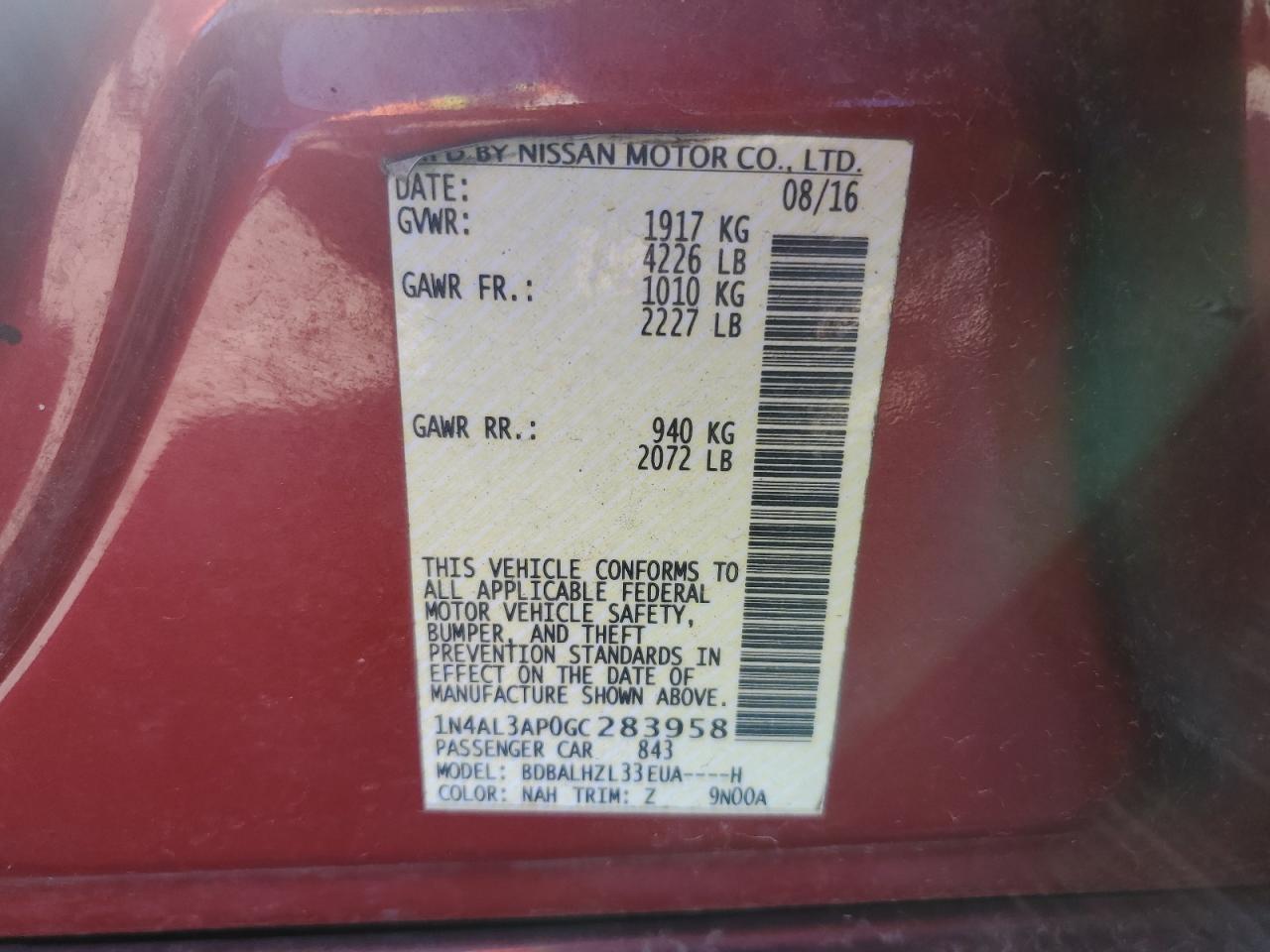 1N4AL3AP0GC283958 NISSAN ALTIMA 2016