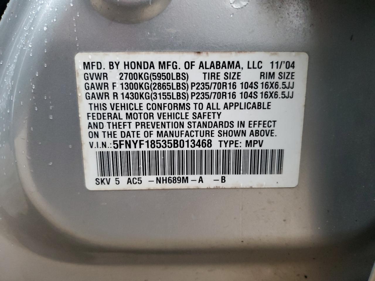 5FNYF18535B013468 2005 Honda Pilot Exl