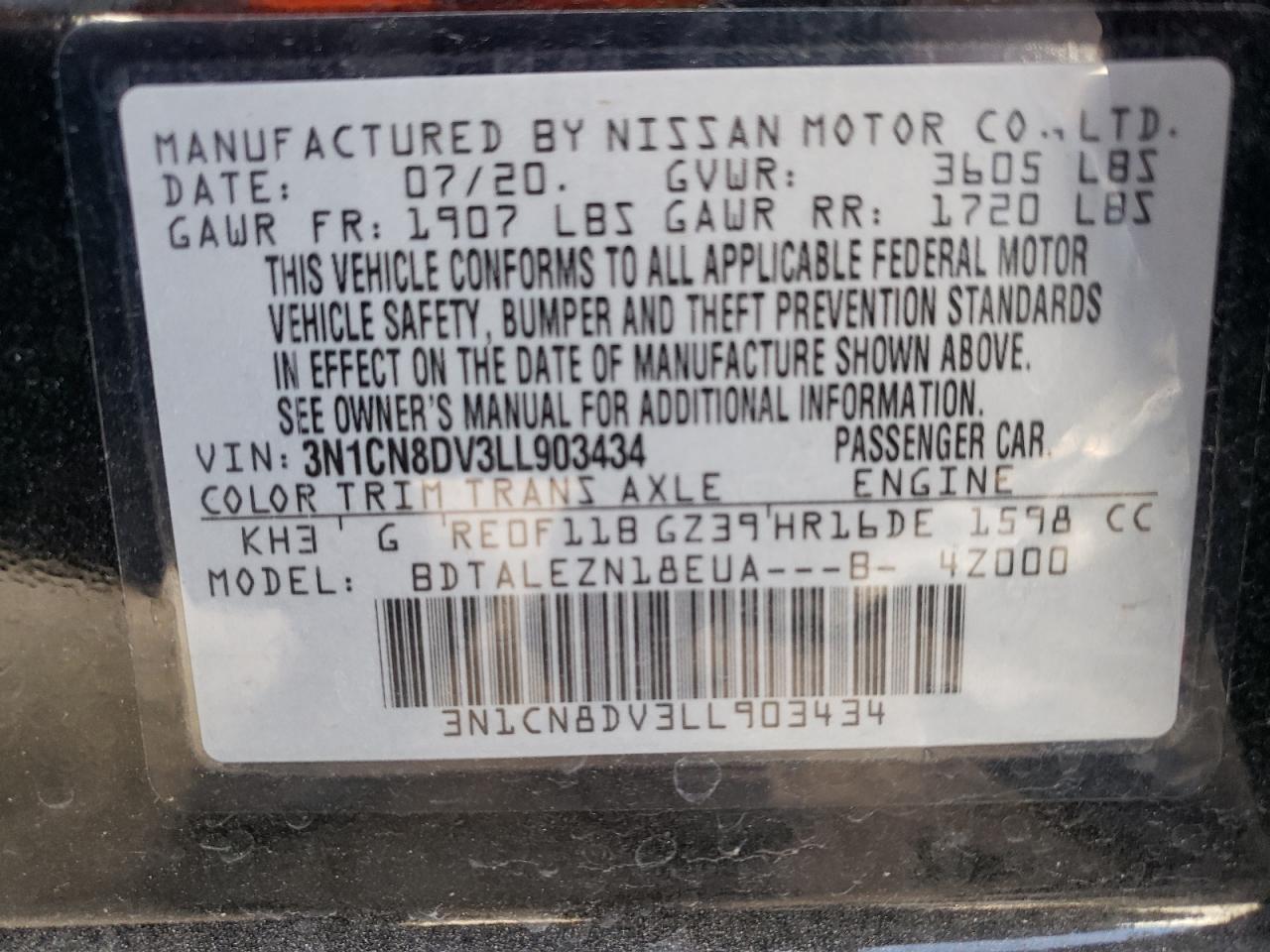 3N1CN8DV3LL903434 NISSAN VERSA 2020