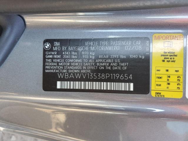 2008 BMW 328 I Sulev VIN: WBAWV13538P119654 Lot: 40085664