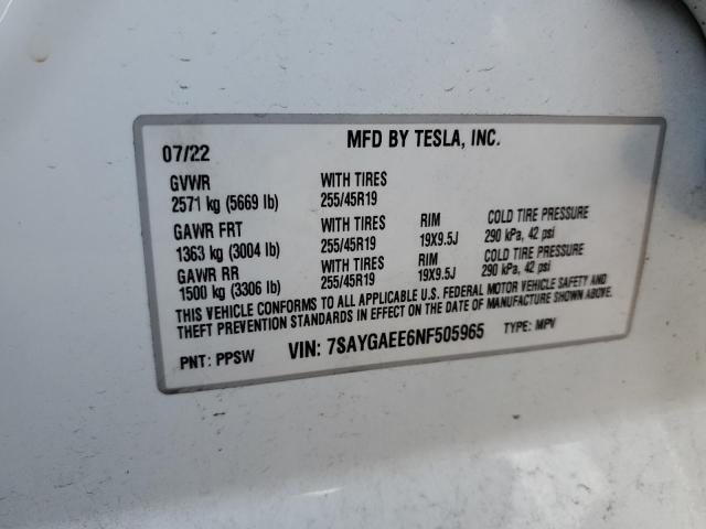 7SAYGAEE6NF505965 | 2022 TESLA MODEL Y