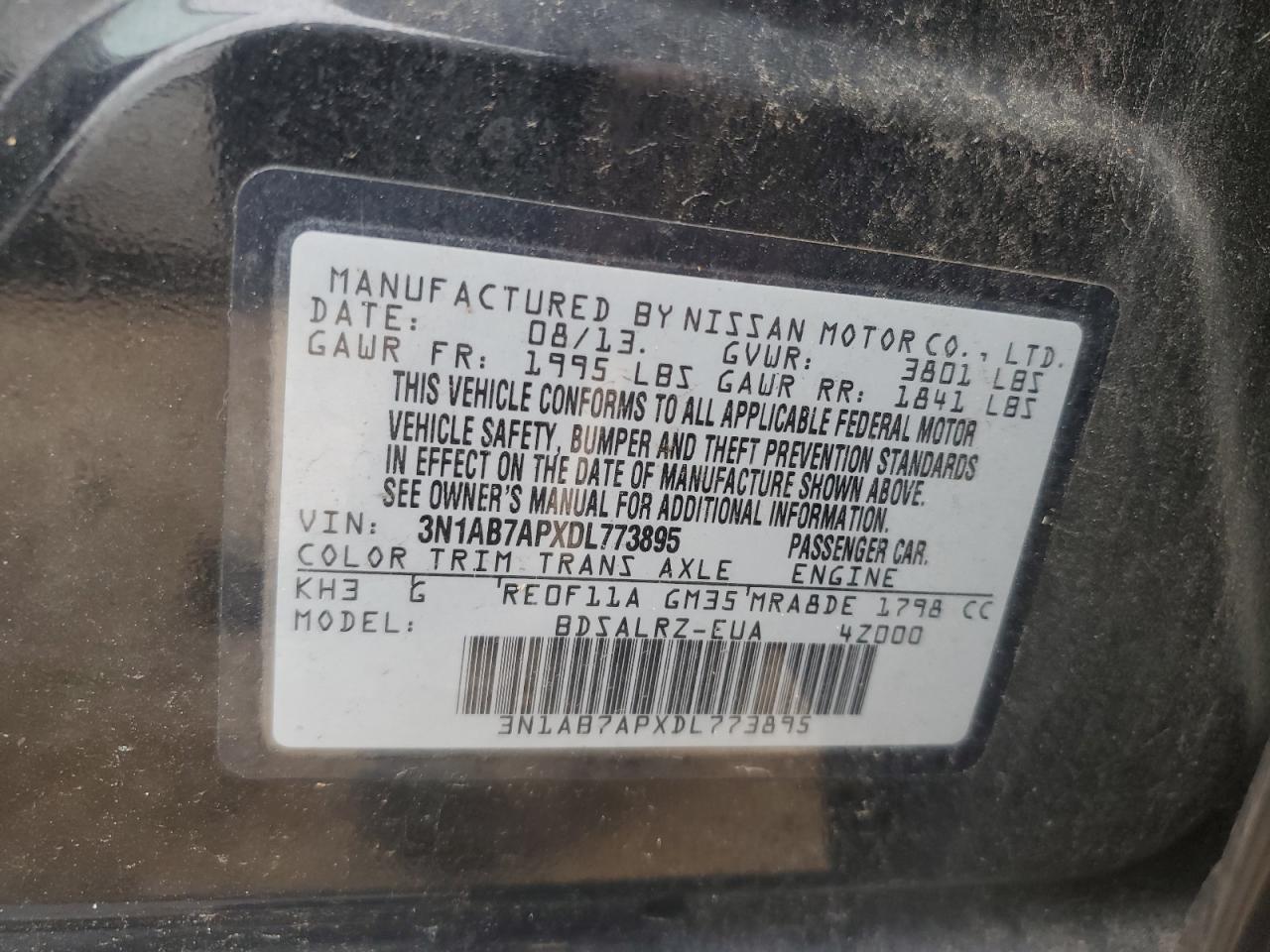 3N1AB7APXDL773895 2013 Nissan Sentra S