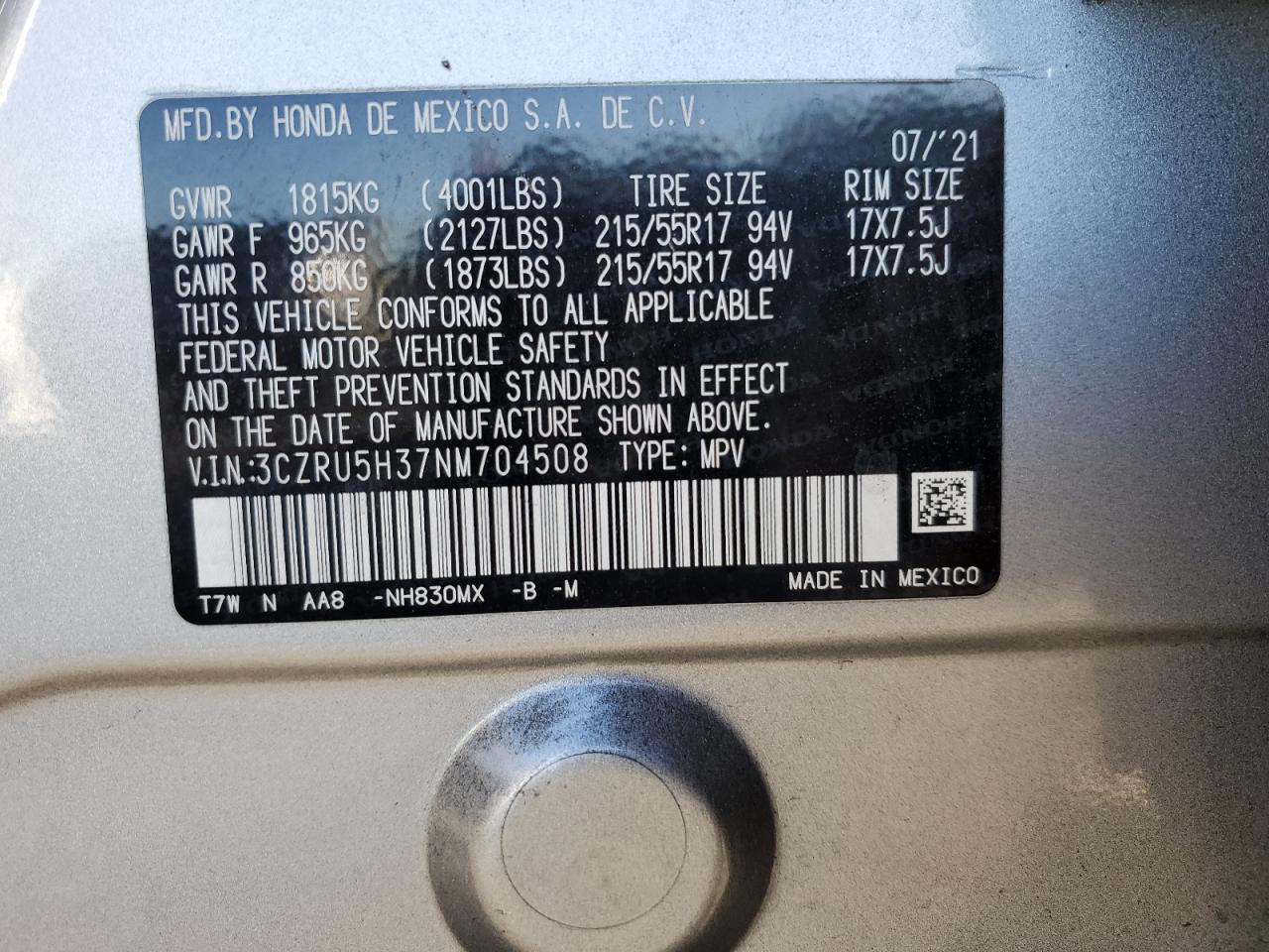 VIN: 3CZRU5H37NM704508 2022 HONDA HR-V