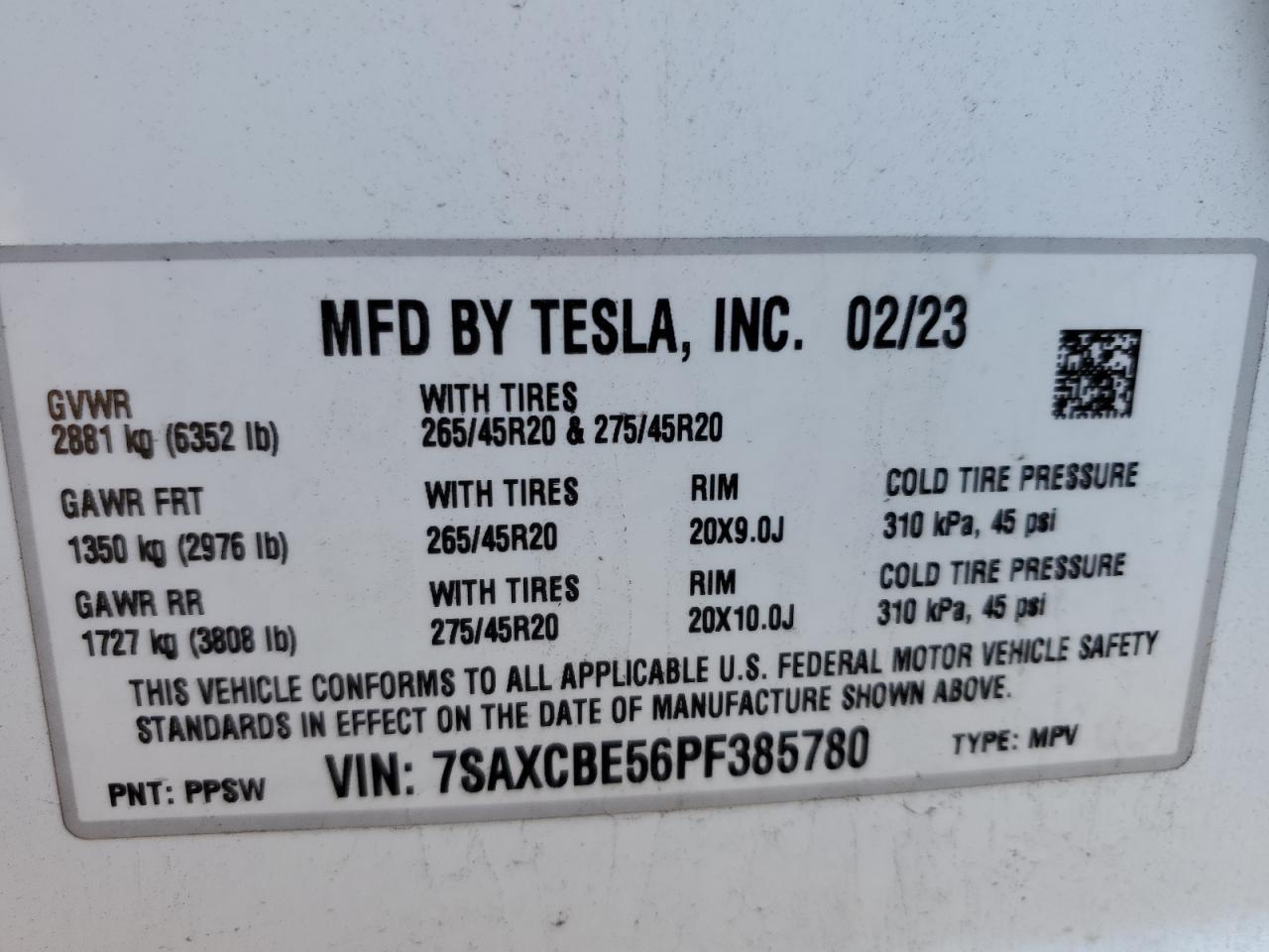 2023 Tesla Model X vin: 7SAXCBE56PF385780