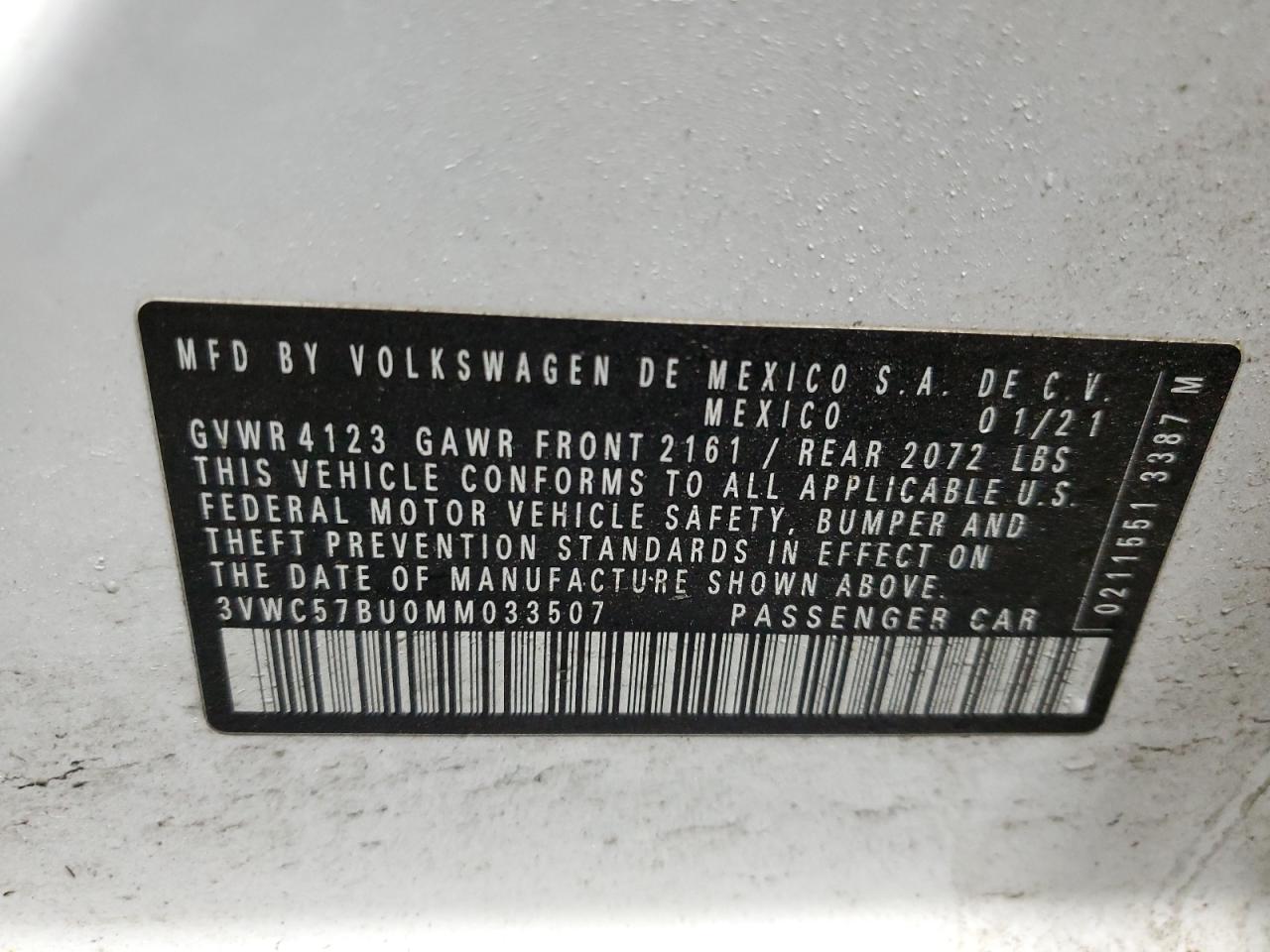 3VWC57BU0MM033507 2021 Volkswagen Jetta S