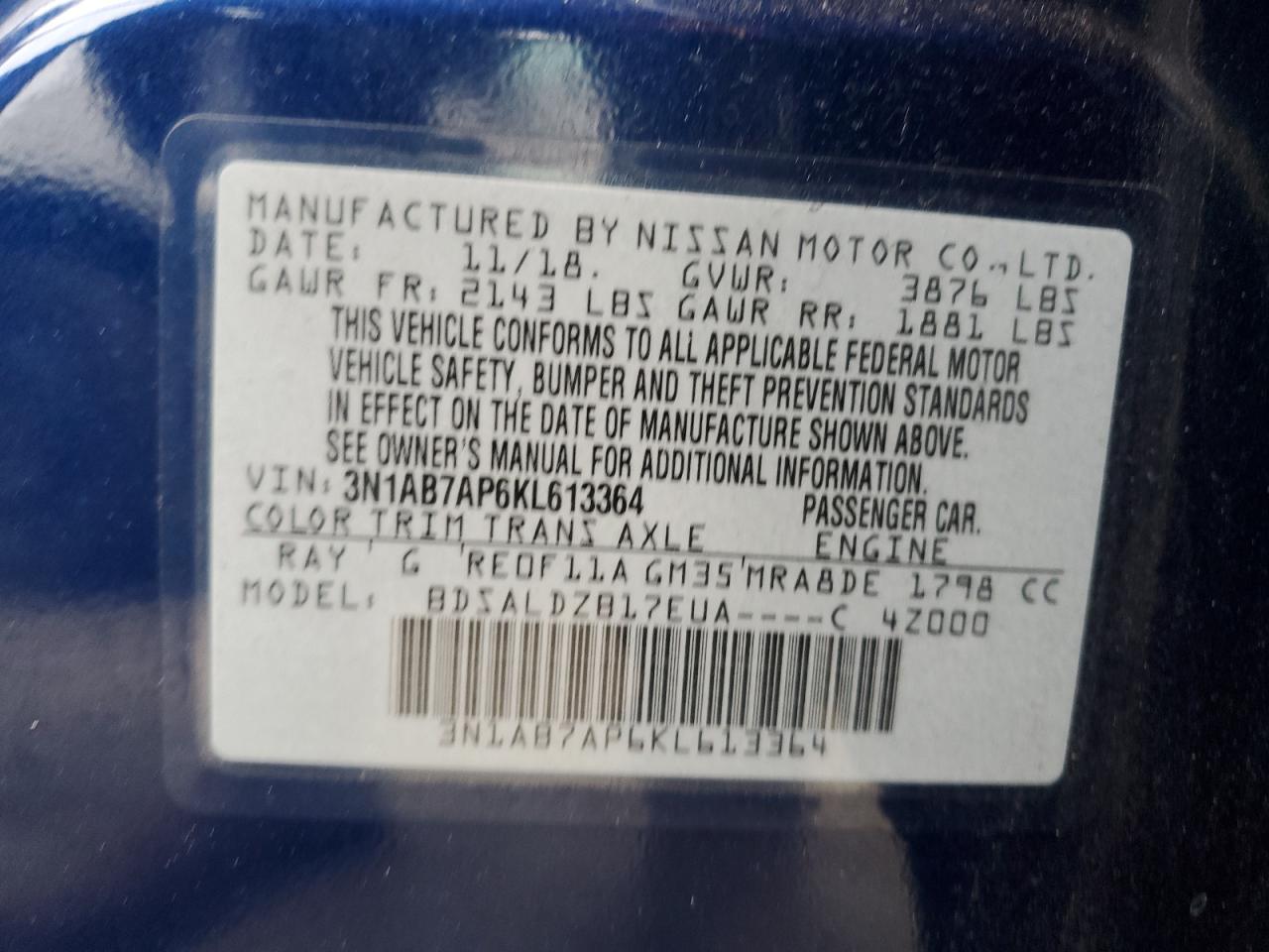2019 Nissan Sentra S 1.8L(VIN: 3N1AB7AP6KL613364