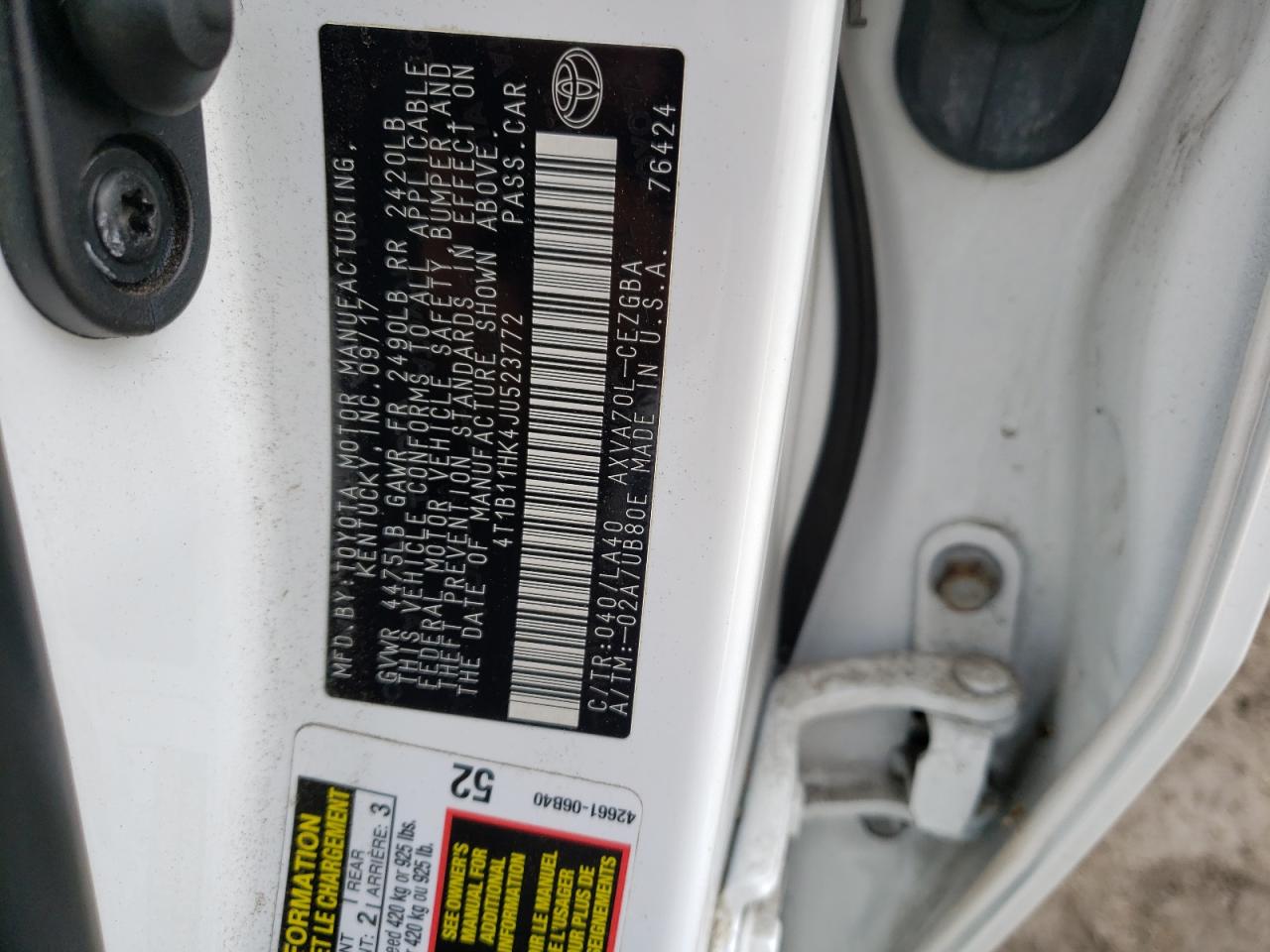 4T1B11HK4JU523772 TOYOTA CAMRY 2018