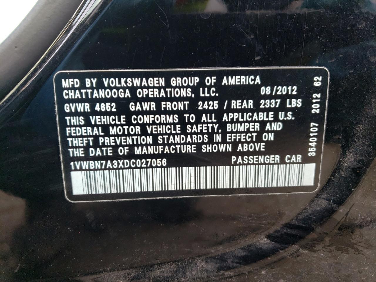 1VWBN7A3XDC027056 2013 Volkswagen Passat Se