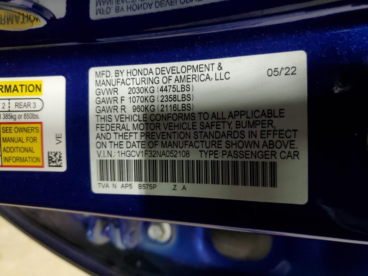 1HGCV1F32NA052108 HONDA ACCORD 2022