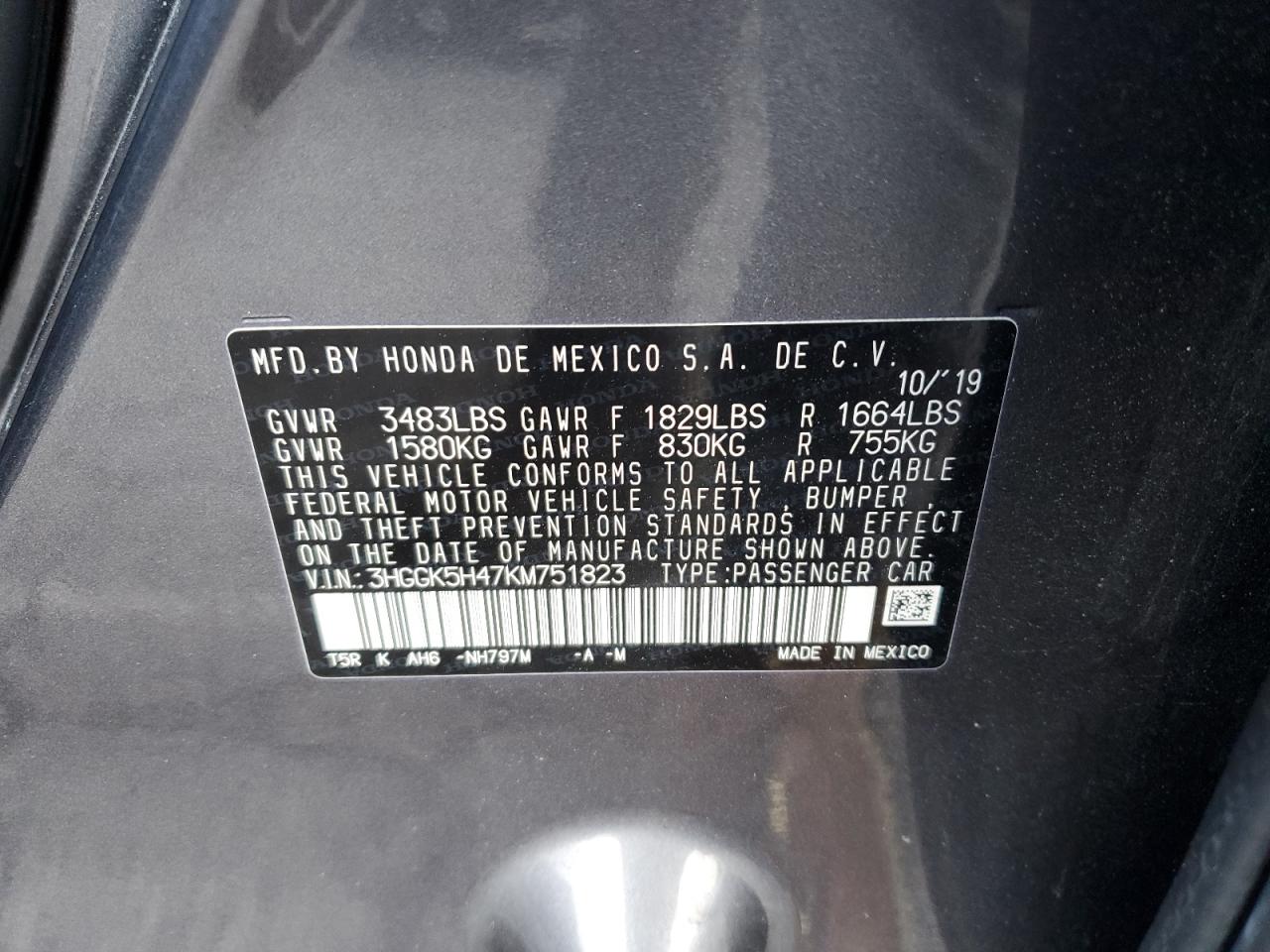 3HGGK5H47KM751823 HONDA FIT 2019