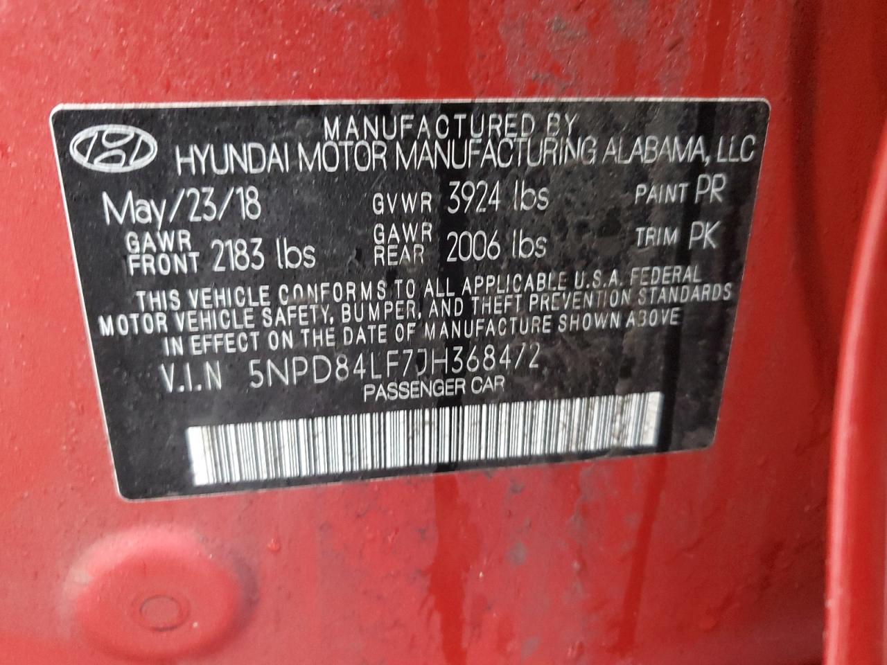 5NPD84LF7JH368472 2018 Hyundai Elantra Sel