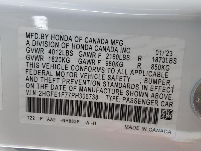 2023 Honda Civic Ex VIN: 2HGFE1F77PH306738 Lot: 38797094