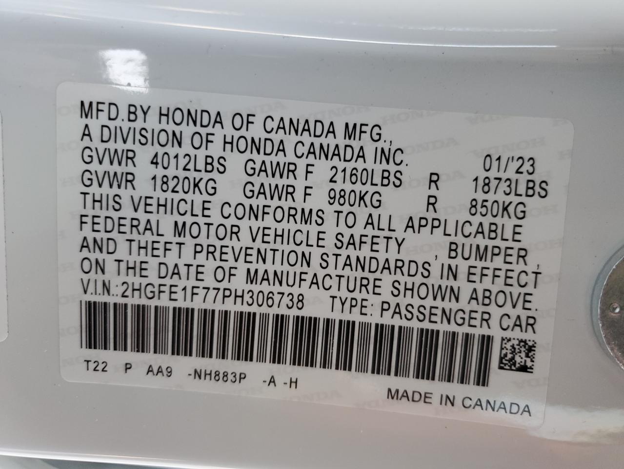 2HGFE1F77PH306738 2023 Honda Civic Ex