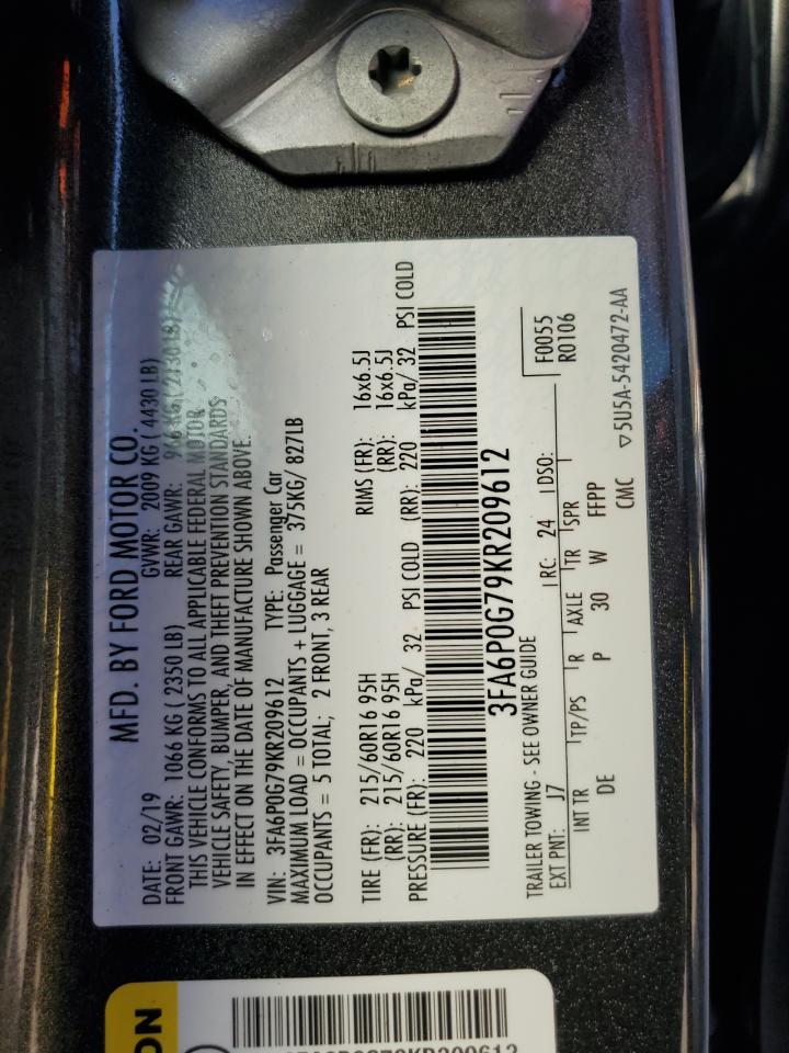 3FA6P0G79KR209612 FORD FUSION 2019