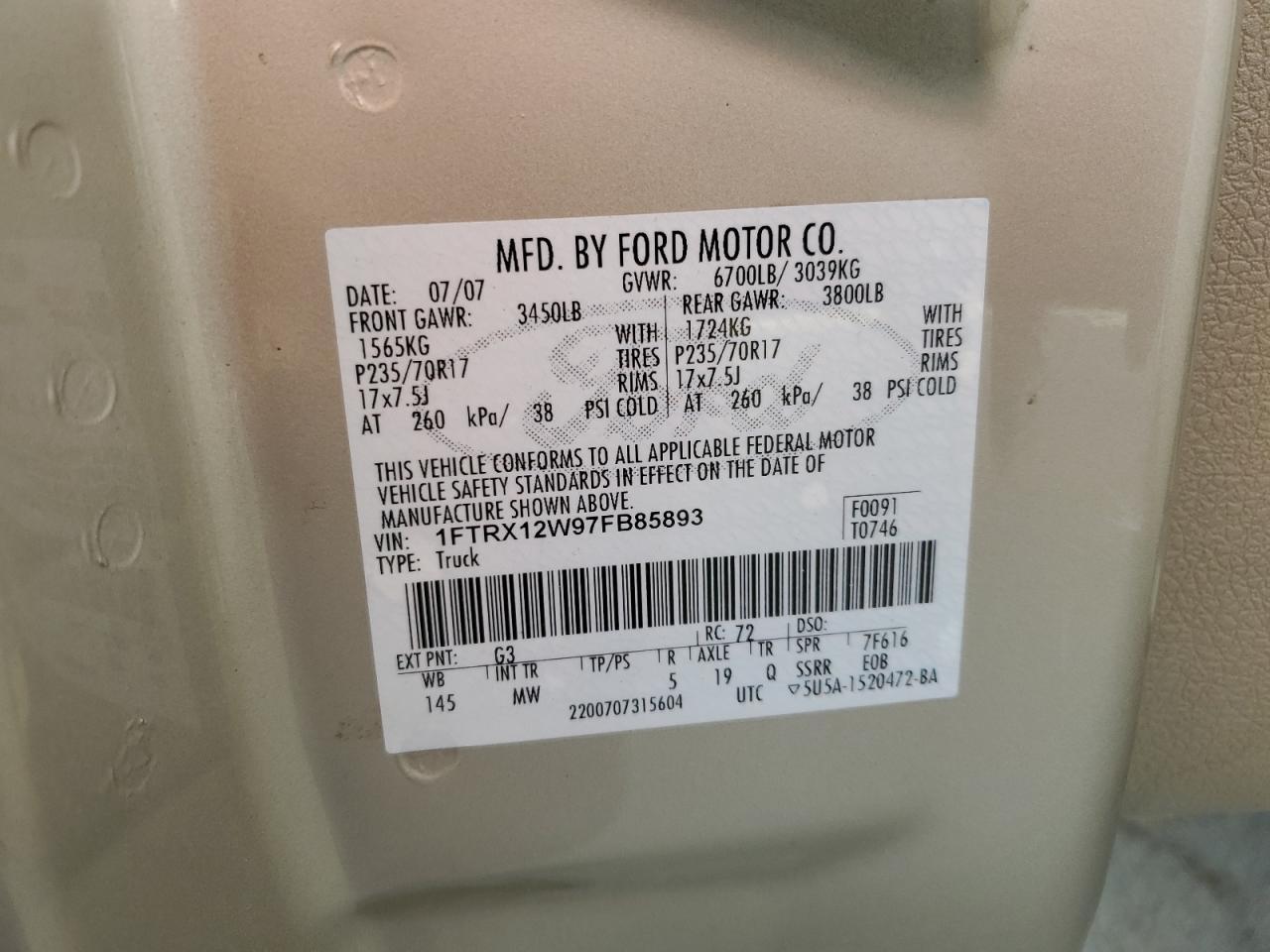 1FTRX12W97FB85893 2007 Ford F150