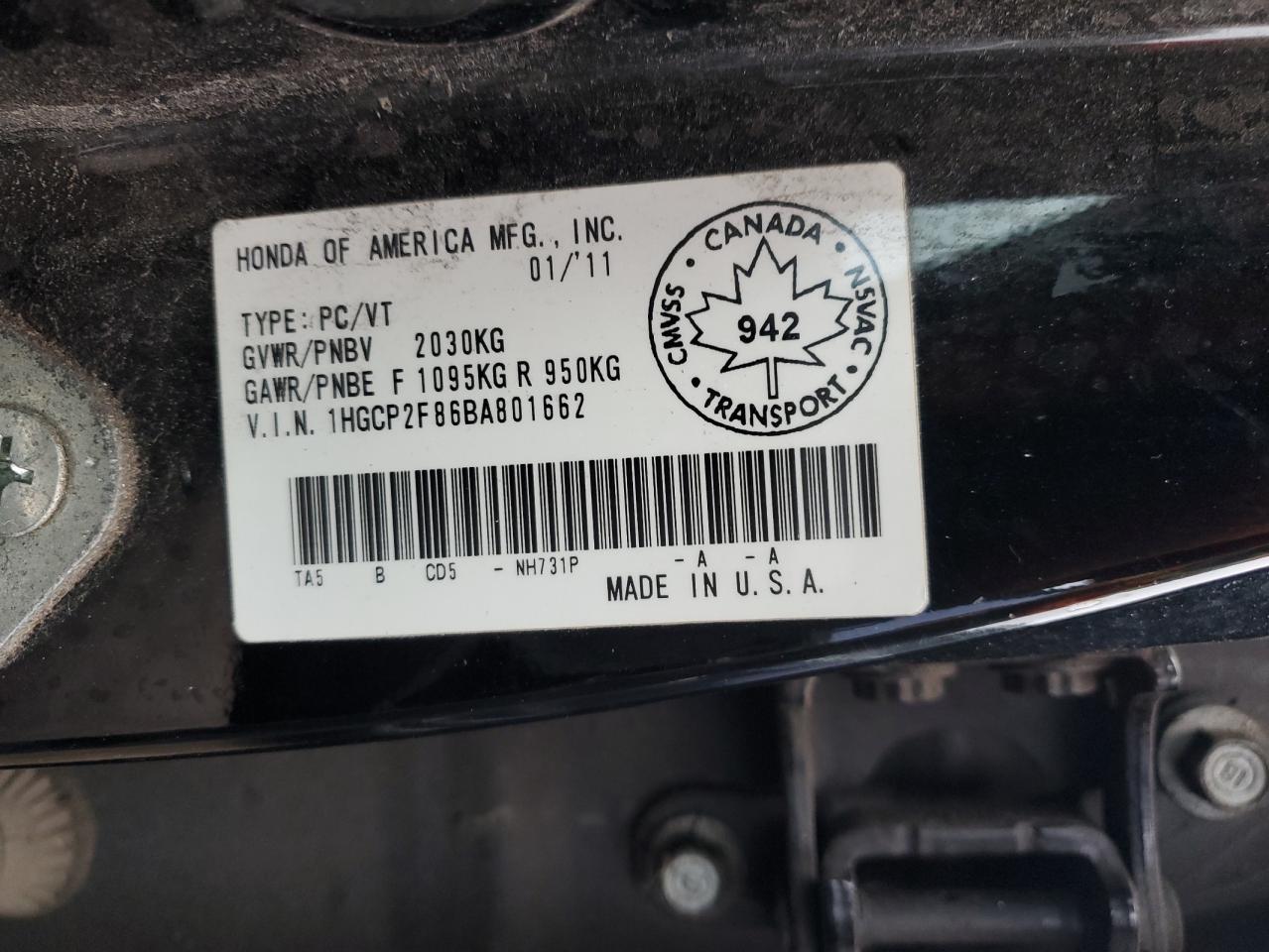 1HGCP2F86BA801662 2011 Honda Accord Exl