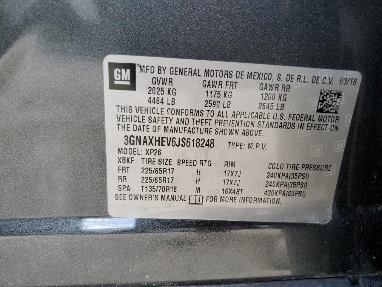VIN: 3GNAXHEV6JS618248 2018 CHEVROLET EQUINOX