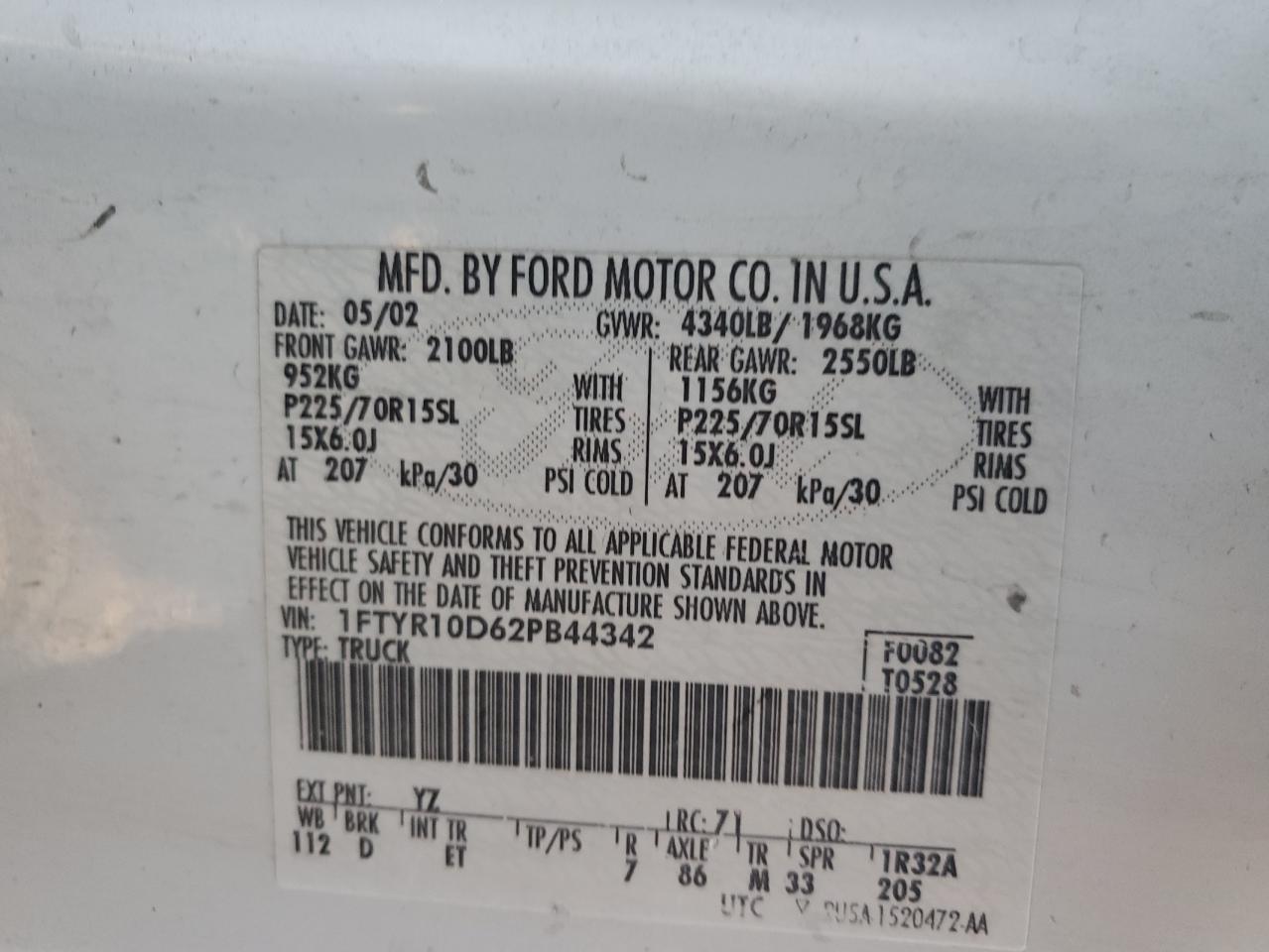 1FTYR10D62PB44342 2002 Ford Ranger