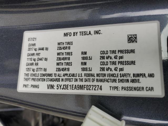 5YJ3E1EA9MF027274 | 2021 TESLA MODEL 3