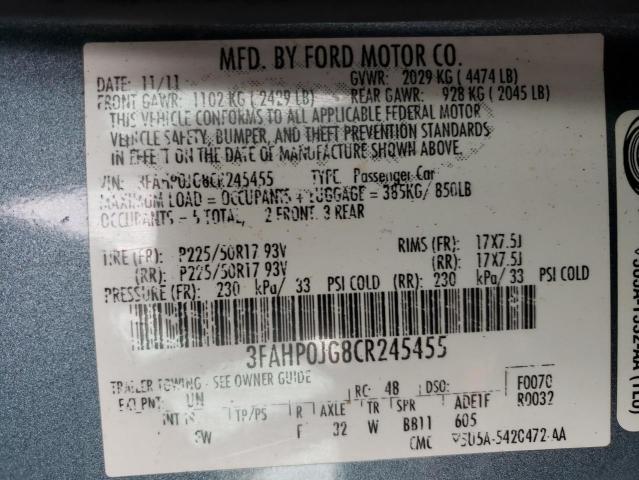 2012 Ford Fusion Sel VIN: 3FAHP0JG8CR245455 Lot: 40403014