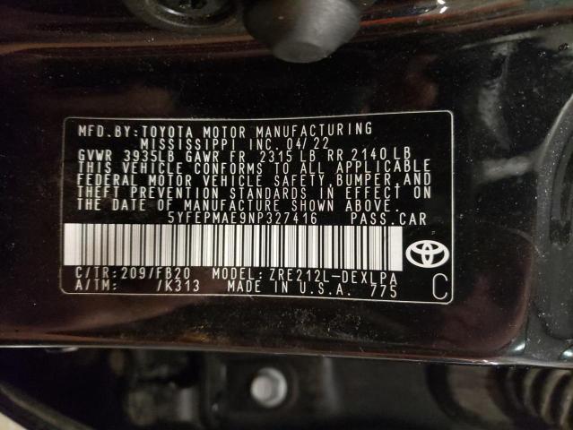 5YFEPMAE9NP327416 | 2022 Toyota corolla le